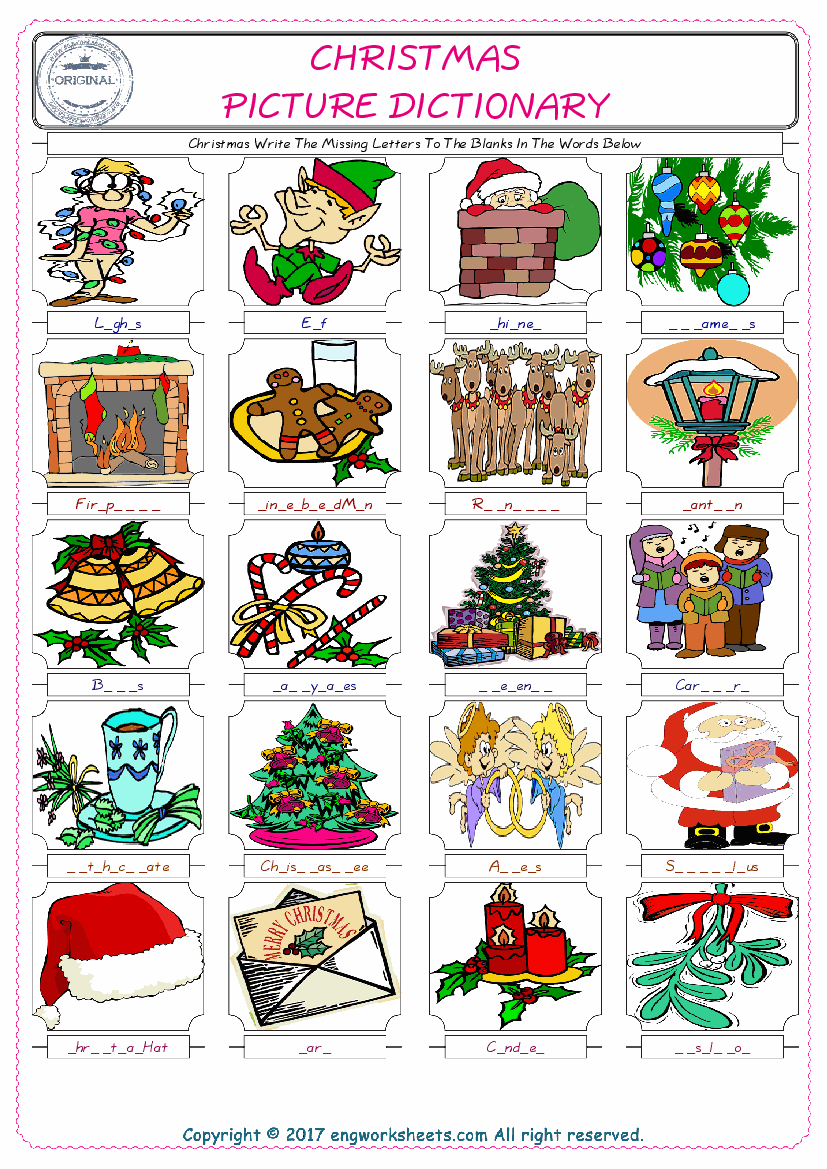  Christmas Words English worksheets For kids, the ESL Worksheet for finding and typing the missing letters of Christmas Words 